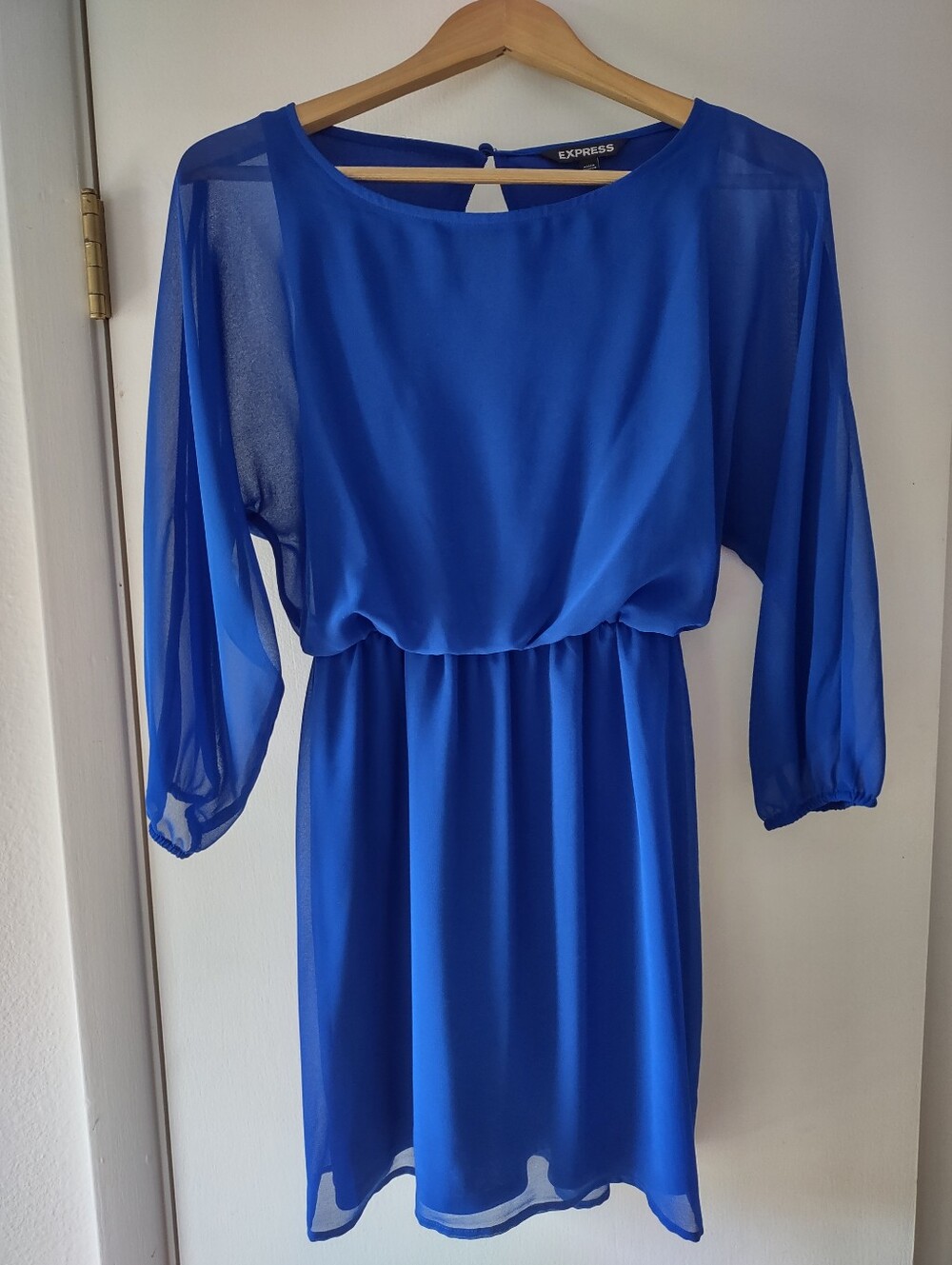 Express Womens XS Royal Blue Chiffon Dress Sheer Long Sleeve Fit Flare Mini